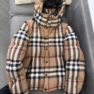 Burberry Tan and Black Checkered Puffer Jacket